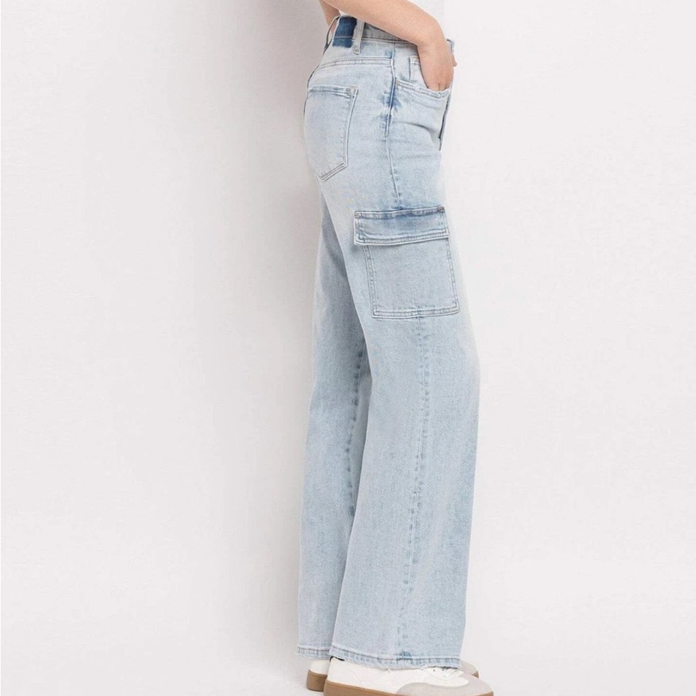 Vervet - 90's Vintage Super High Rise Cargo Straight Jeans Light Wash Sz 26 - Picture 10 of 11